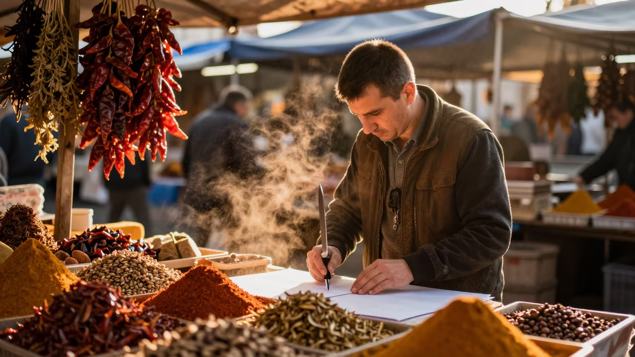 Knife Vendor Tests Blade Sharpness at Kyiv Market in at a spice vendor's table in Kyiv