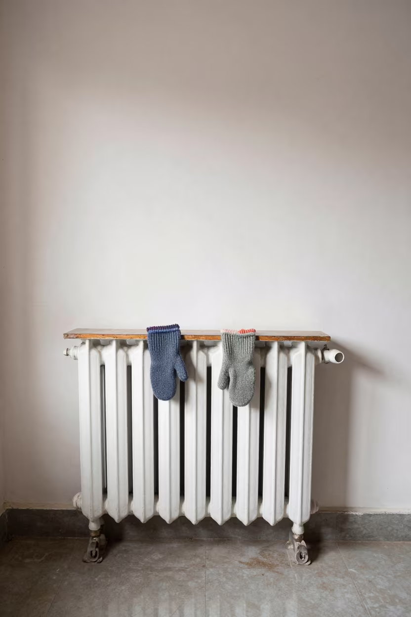 Knit Mittens Drying on Batala Radiator Ledge in on a painted display ledge in Batala