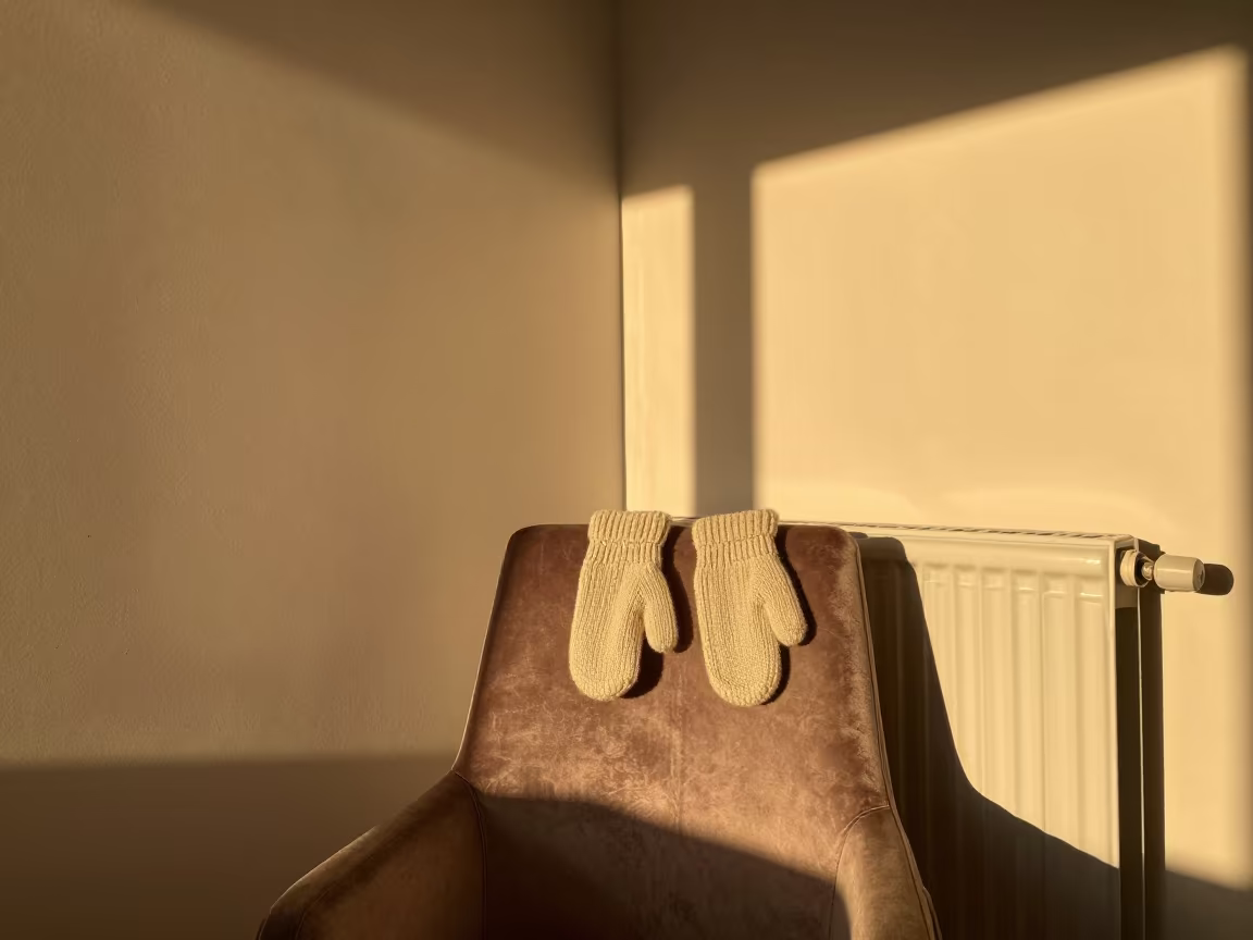 Knit Mittens Drying on Radiator in São Paulo in on a velvet chair in São Paulo