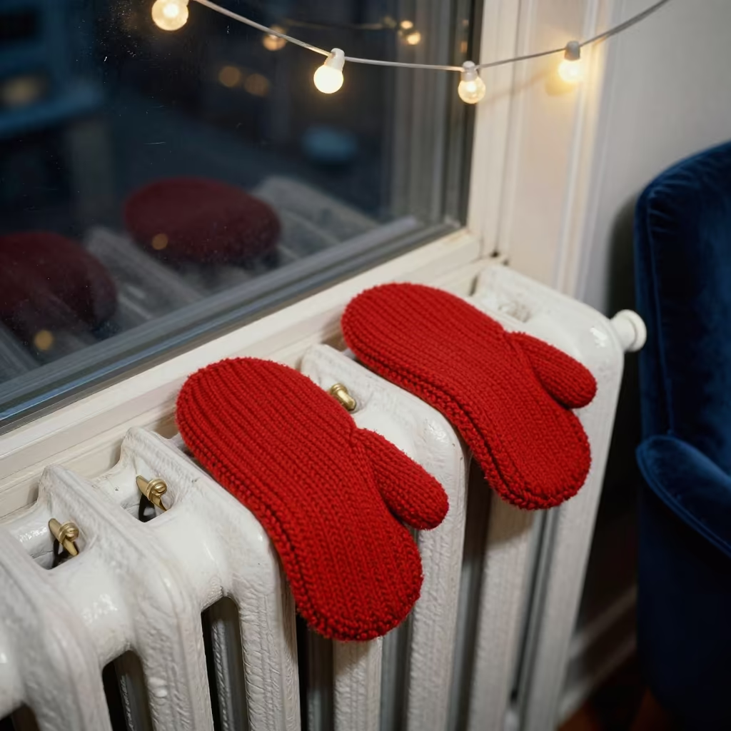 Knitted Mittens Drying on Radiator Near Velvet Chair in on a velvet chair near New York