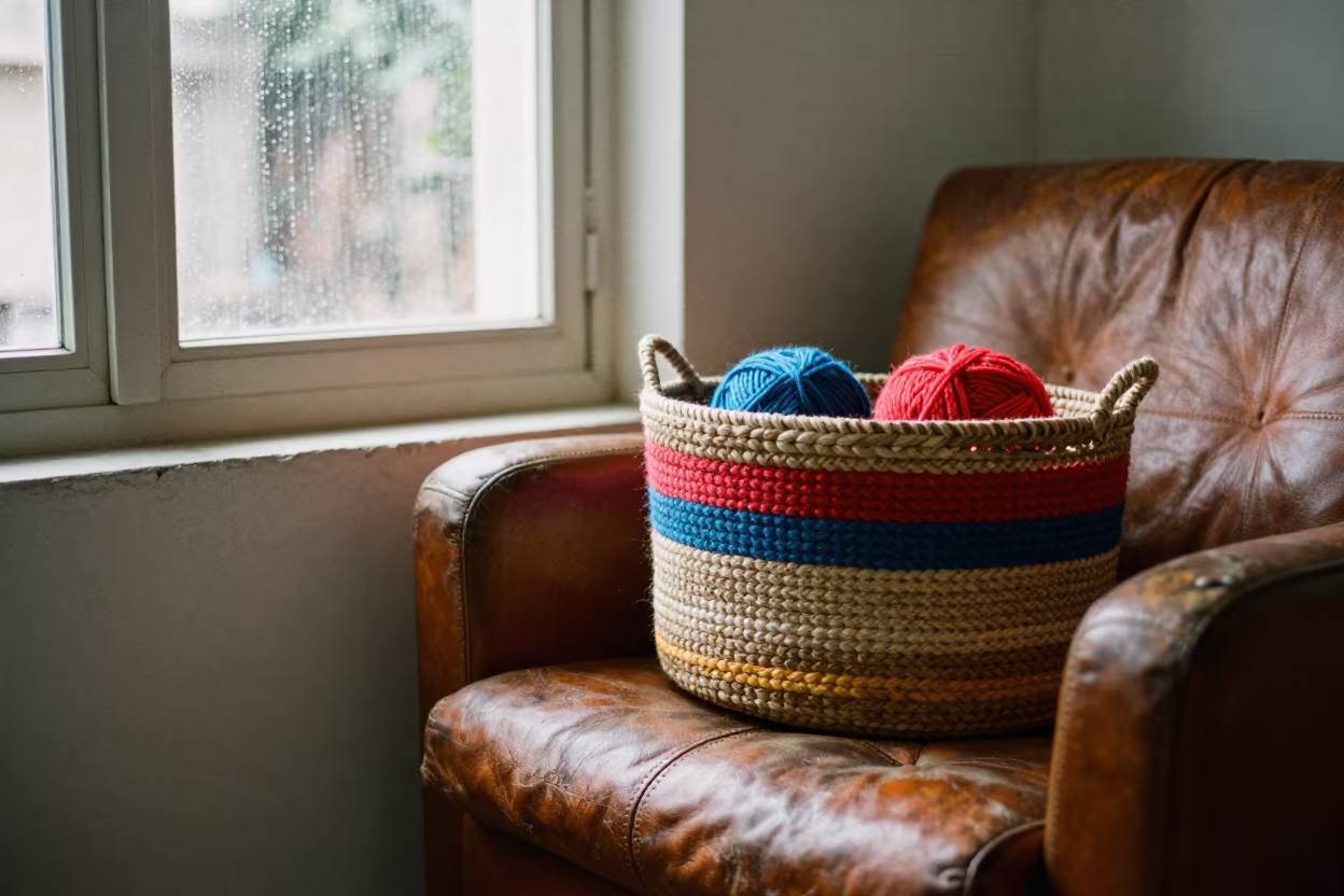 Knitting Basket on Leather Armchair in Riyadh Morning in on a worn leather armchair near Riyadh