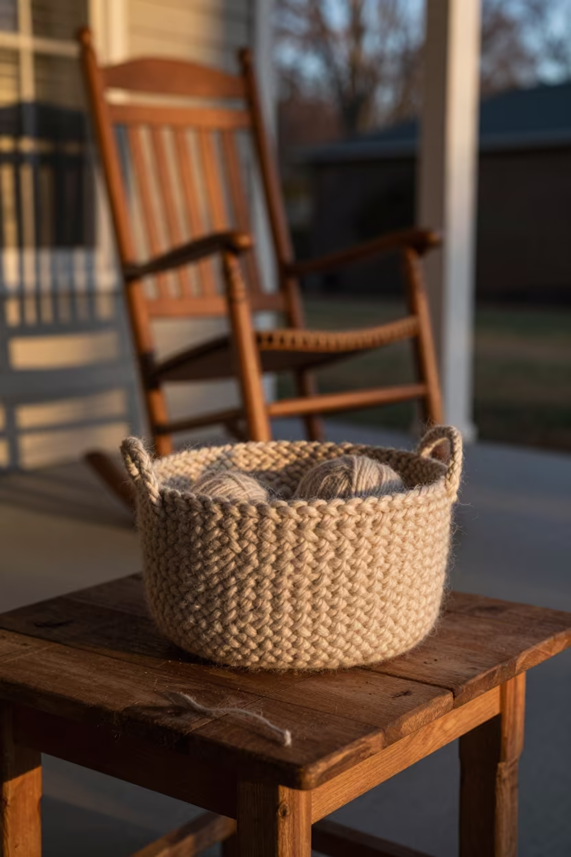 Knitting Basket on Oak Porch in Houston Evening in on a porch with a rocking chair in Houston