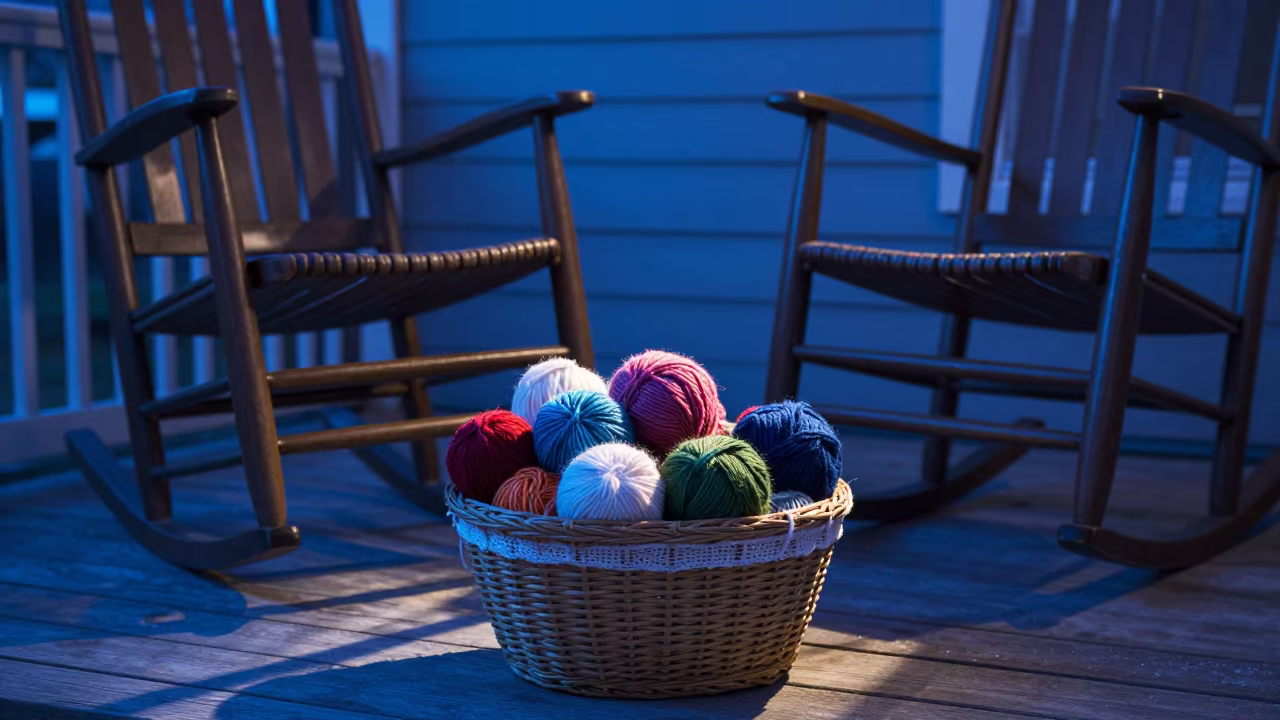 Knitting Basket Overflowing on Porch at Blue Hour in on a porch with a rocking chair near Waterloo