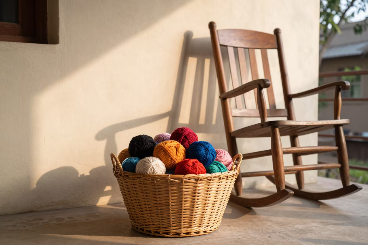 Knitting Basket Overflowing Skeins on Kanpur Porch in on a porch with a rocking chair in Kanpur
