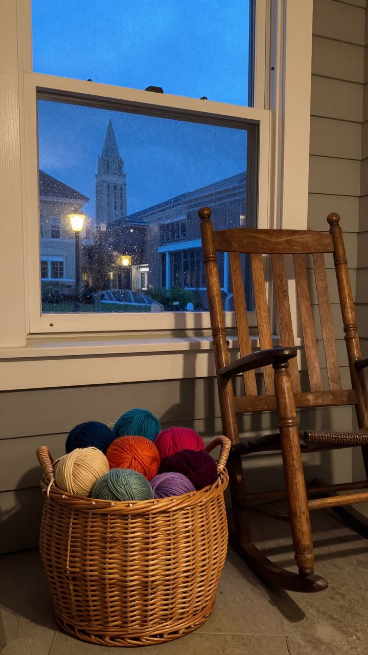 Knitting Basket on Porch at Blue Hour in beside a rain-streaked window in Salt Lake City