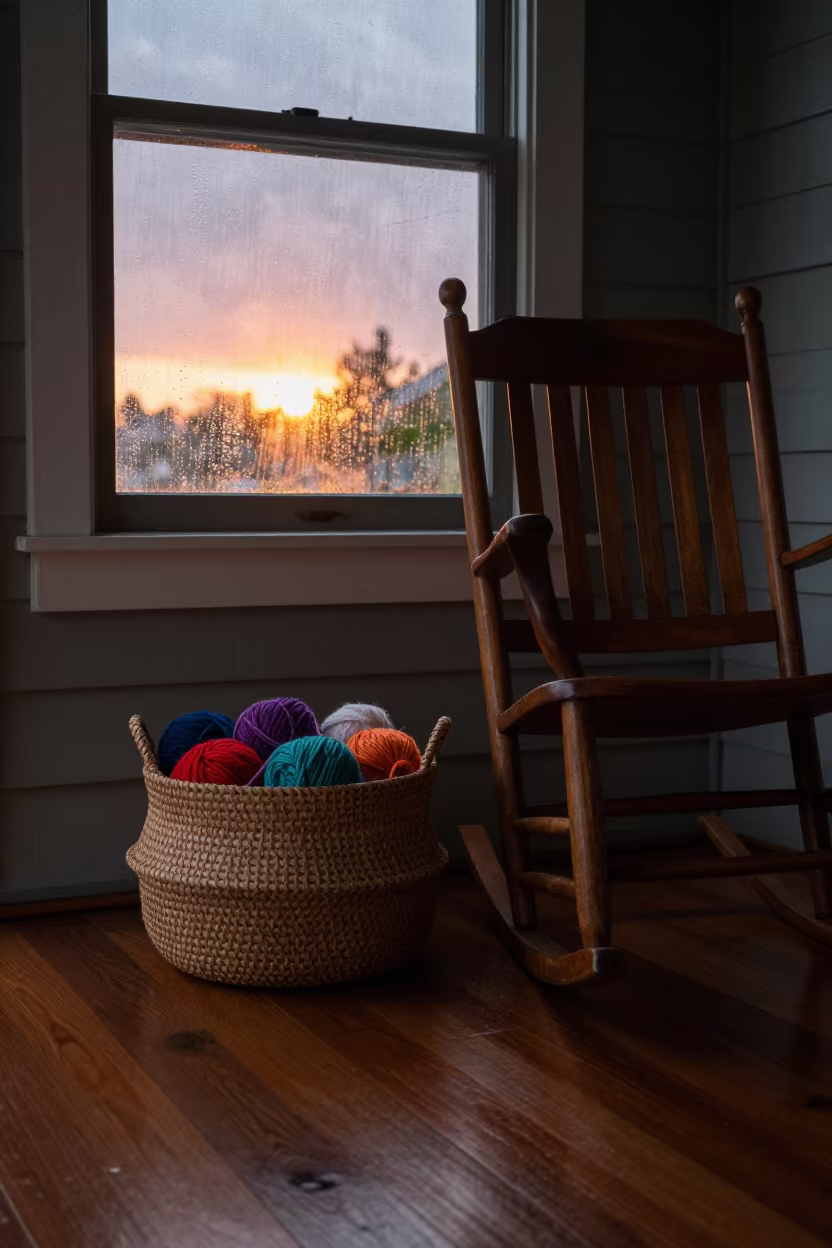 Knitting Basket and Rocking Chair on Rainy Porch in beside a rain-streaked window in Bor
