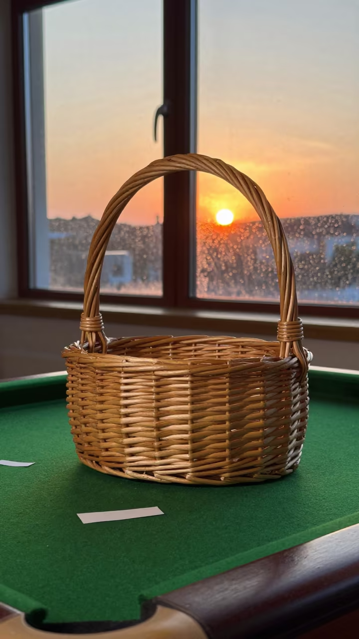 Knitting Basket Sunset on Brasov Pier Table in on a pier railing in Brasov