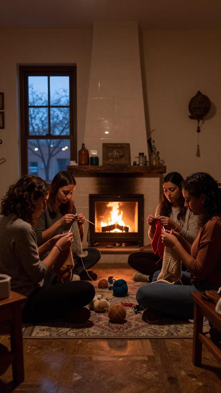 Knitting Circle by Fireplace in Matola Living Room in in a sunlit living room in Matola