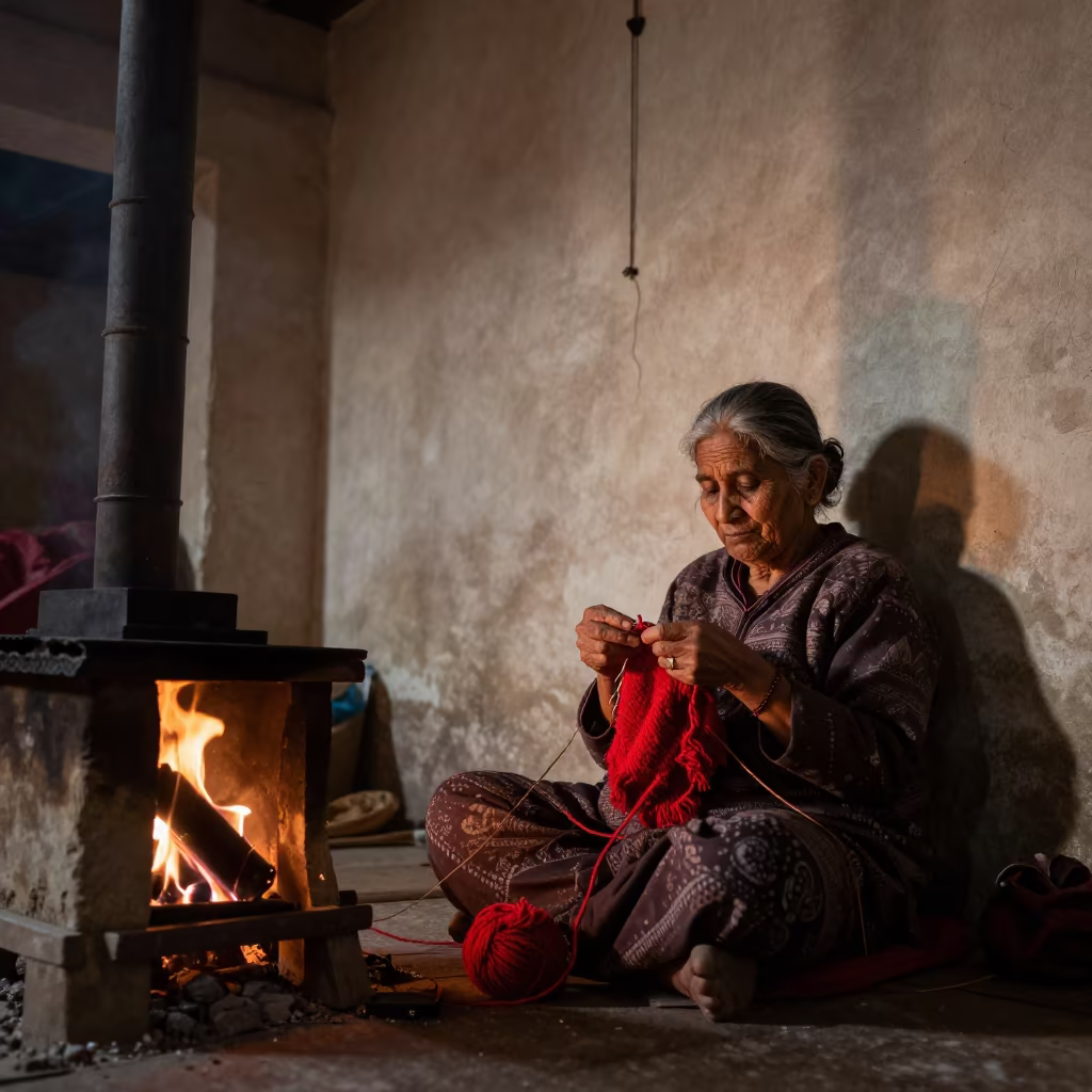 Knitting Grandmother Gorakhpur Firelight Surreal in in a market hall in Gorakhpur