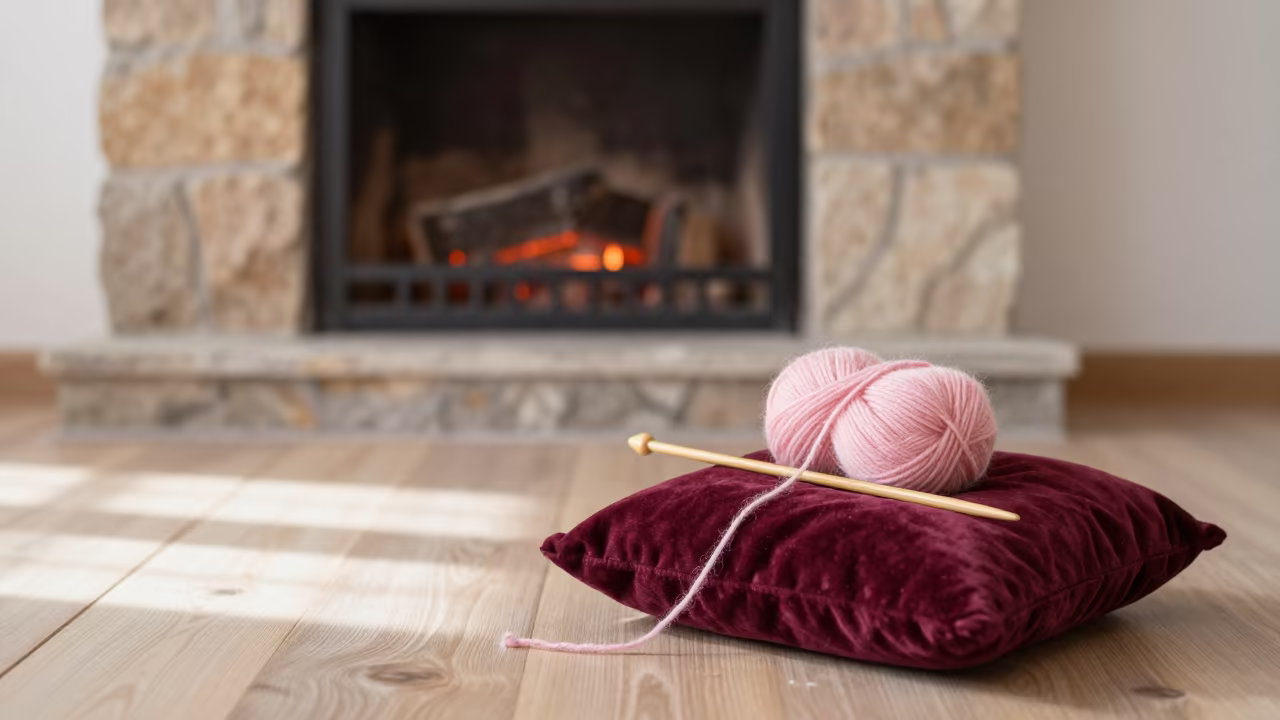 Knitting Needles and Mohair on Velvet Cushion by Fireplace in by a crackling fireplace in Elazığ