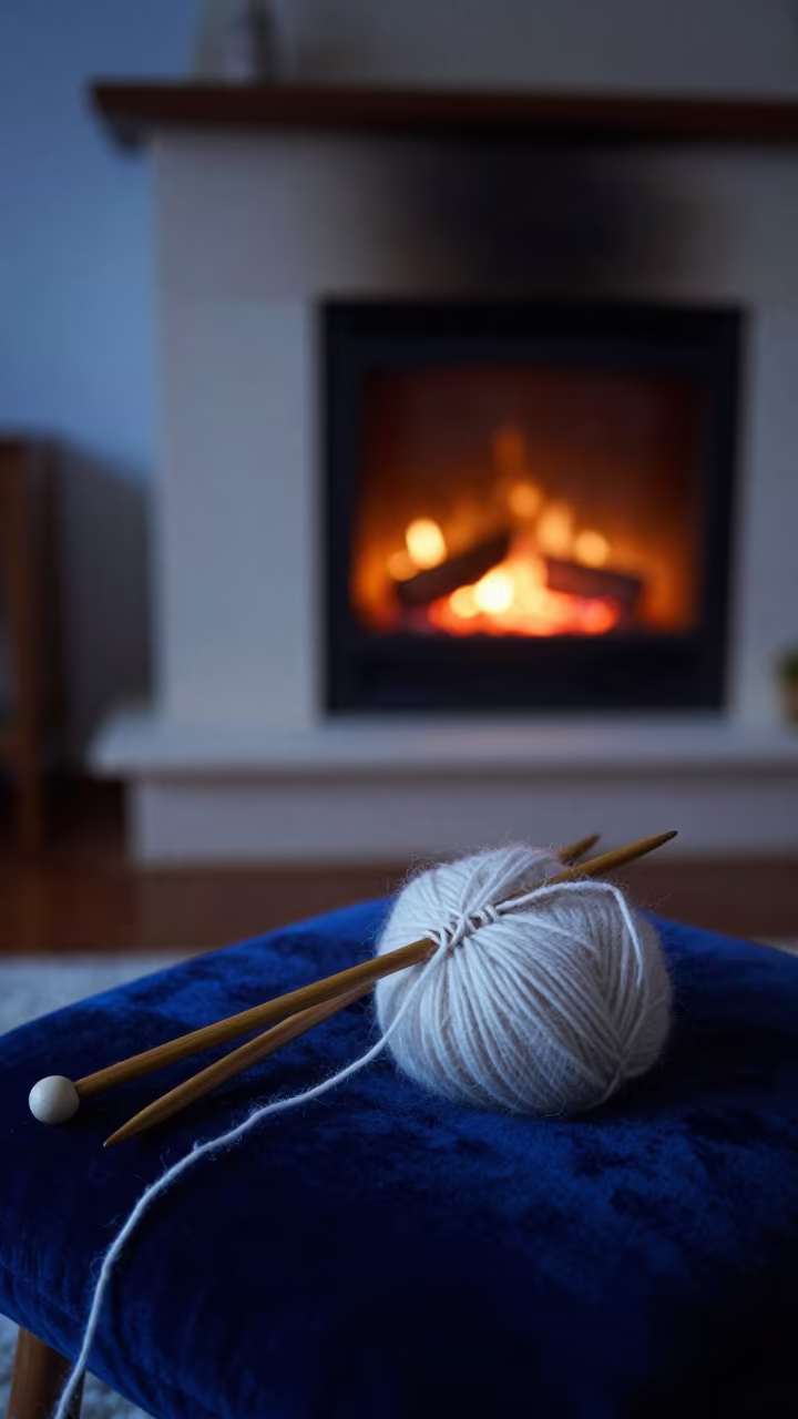 Knitting Needles Mohair Wool Velvet Cushion Fireplace in by a crackling fireplace in Belo Horizonte