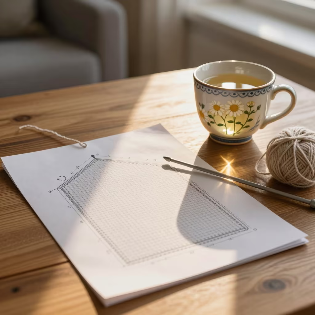 Knitting Pattern and Chamomile Tea in Golden Light in in a sunlit living room near Plzeň