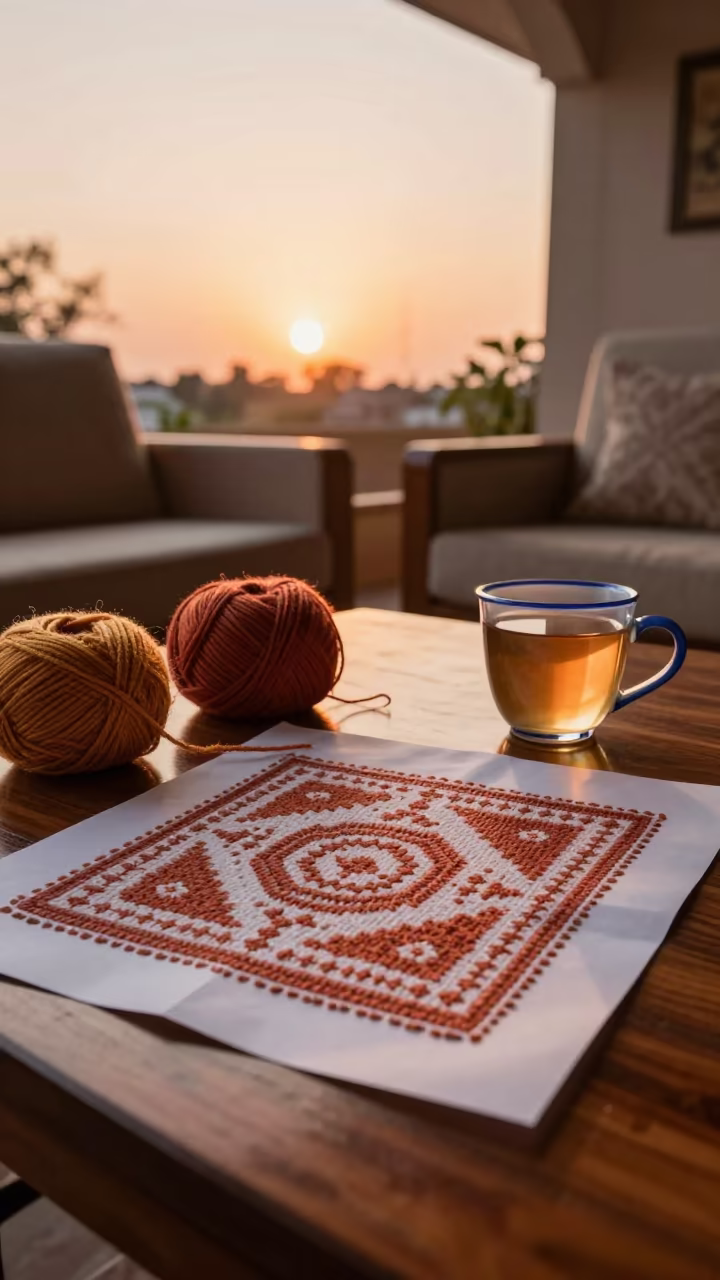 Knitting Pattern and Tea in Bikaner Living Room in in a sunlit living room near Bikaner