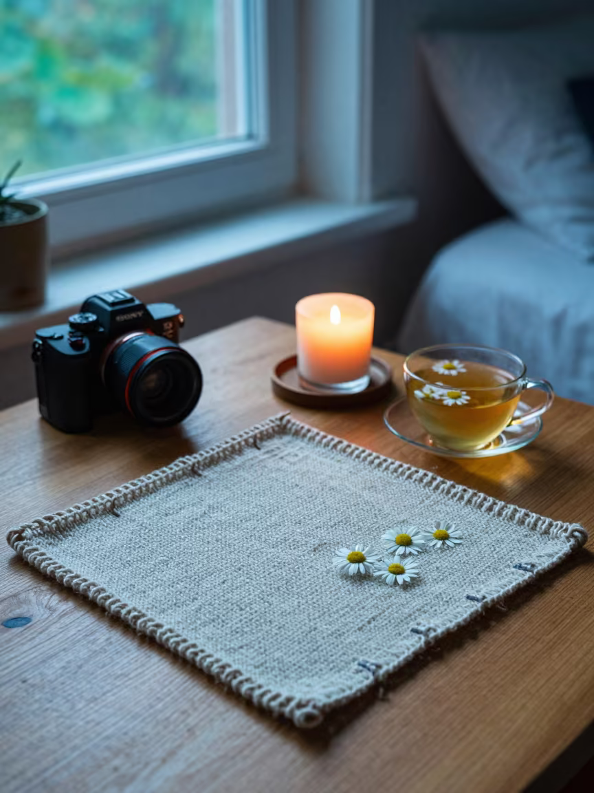 Knitting Pattern and Tea in Candlelit Guelph Bedroom in in a candlelit bedroom in Guelph