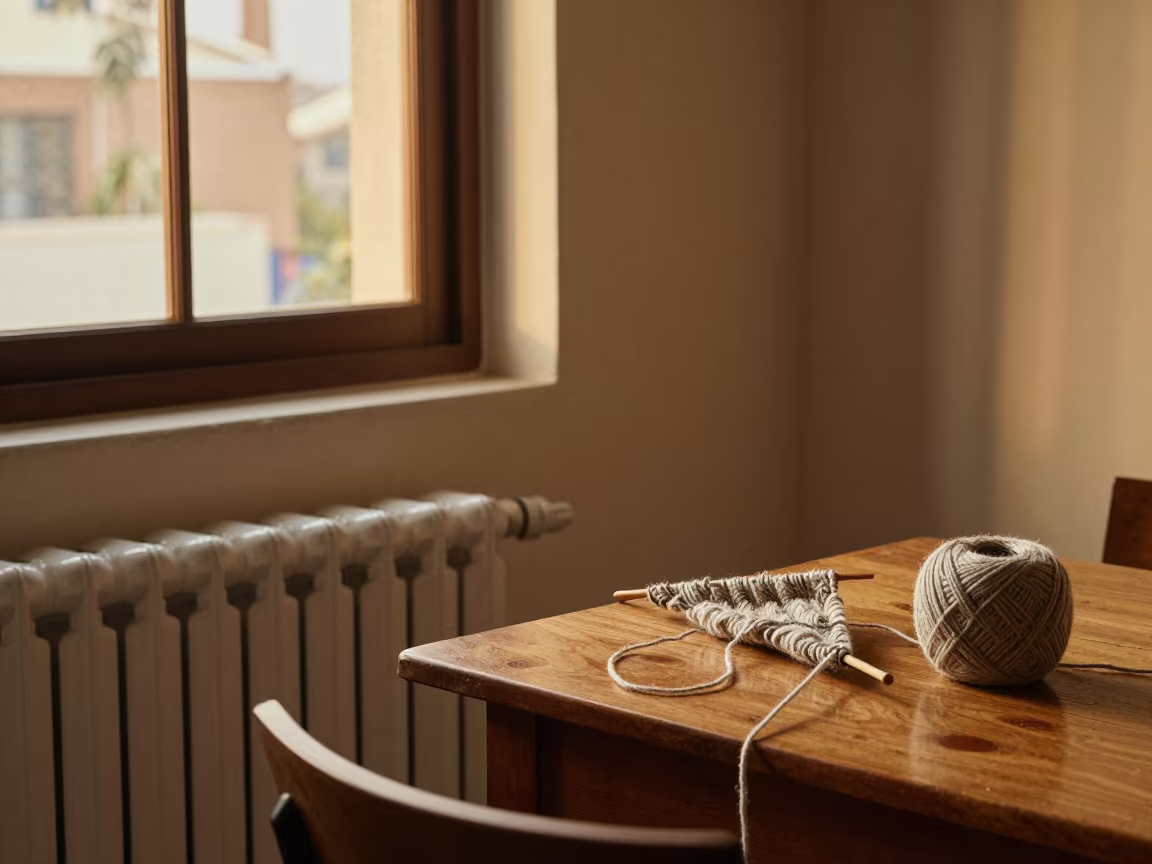 Knitting Project Beside Radiator in Lima Nook in in a breakfast nook near Miraflores, Lima
