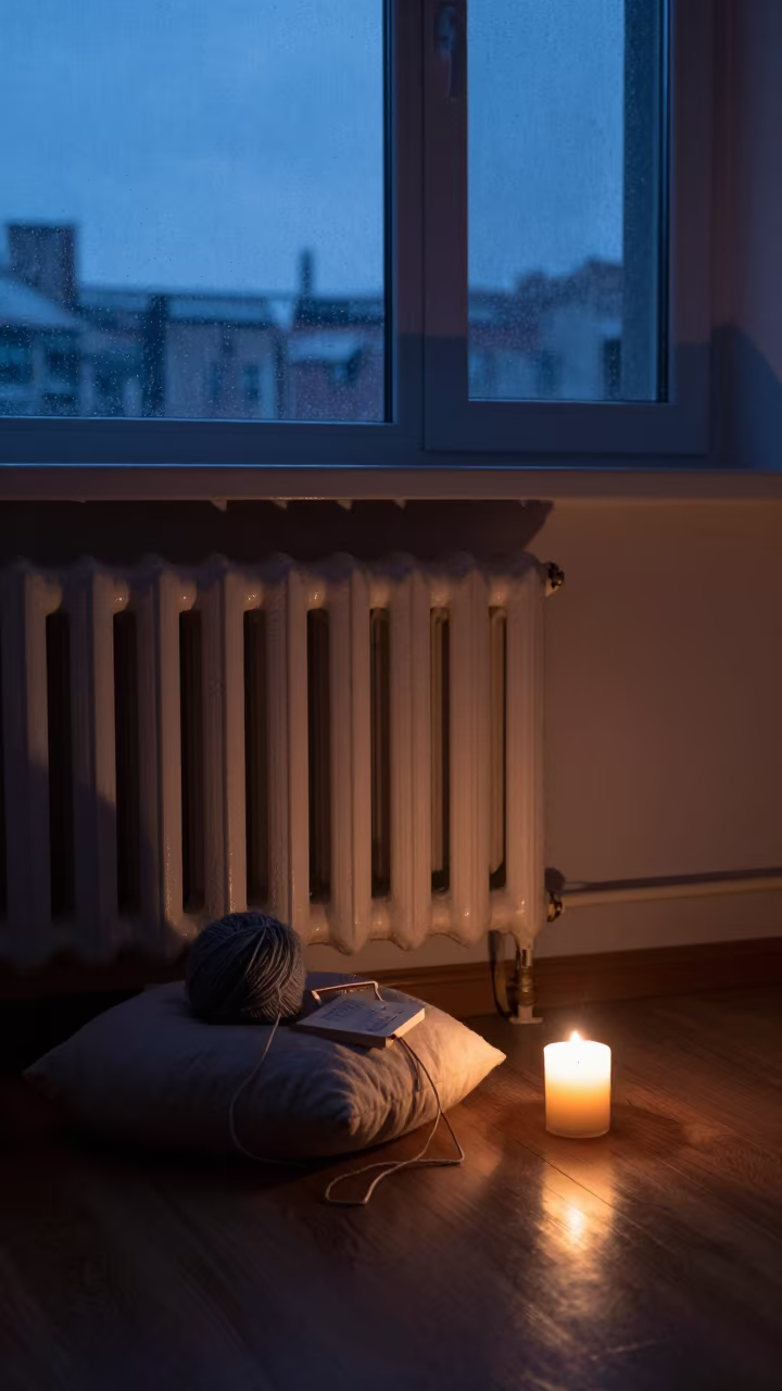 Knitting Project by Radiator in Moscow in on a reading nook cushion in Moscow
