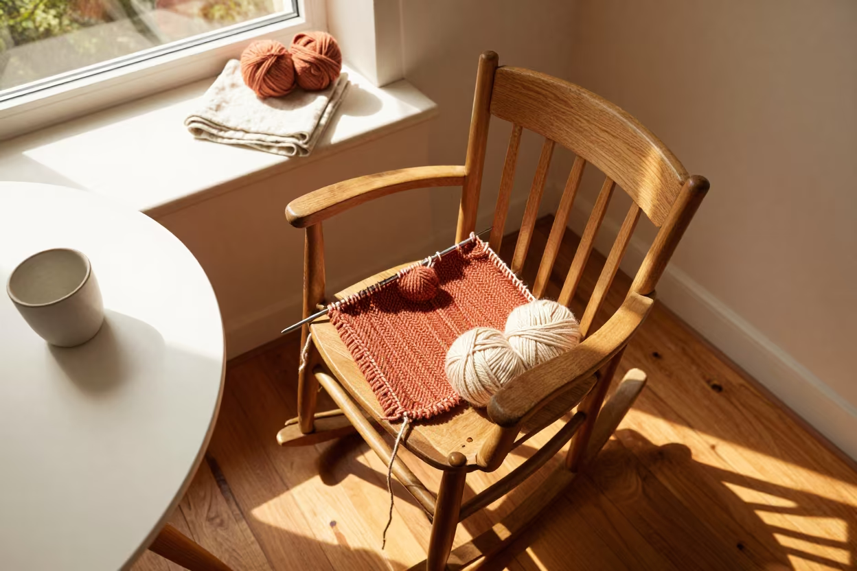 Knitting Project Under Lamp in Malanje Nook in in a breakfast nook in Malanje