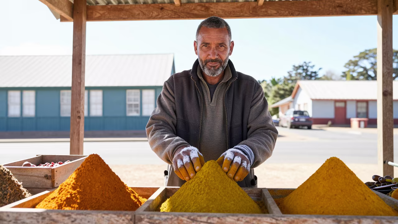 Knysna Spice Trader Turmeric Stained Fingers Noon in in the old quarter in Knysna