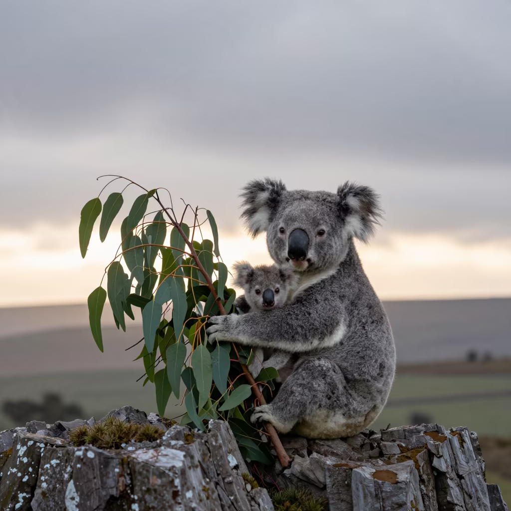 Koala and Joey on Welsh Ridge at Dawn in on a wind-scoured ridge in Wales