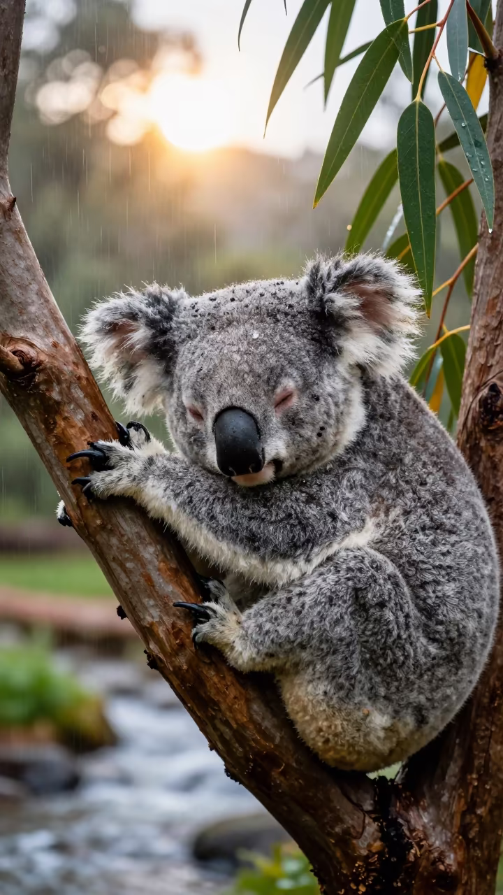 Koala Sleeping Eucalyptus Near Novosibirsk Stream in above a glacial stream near Novosibirsk