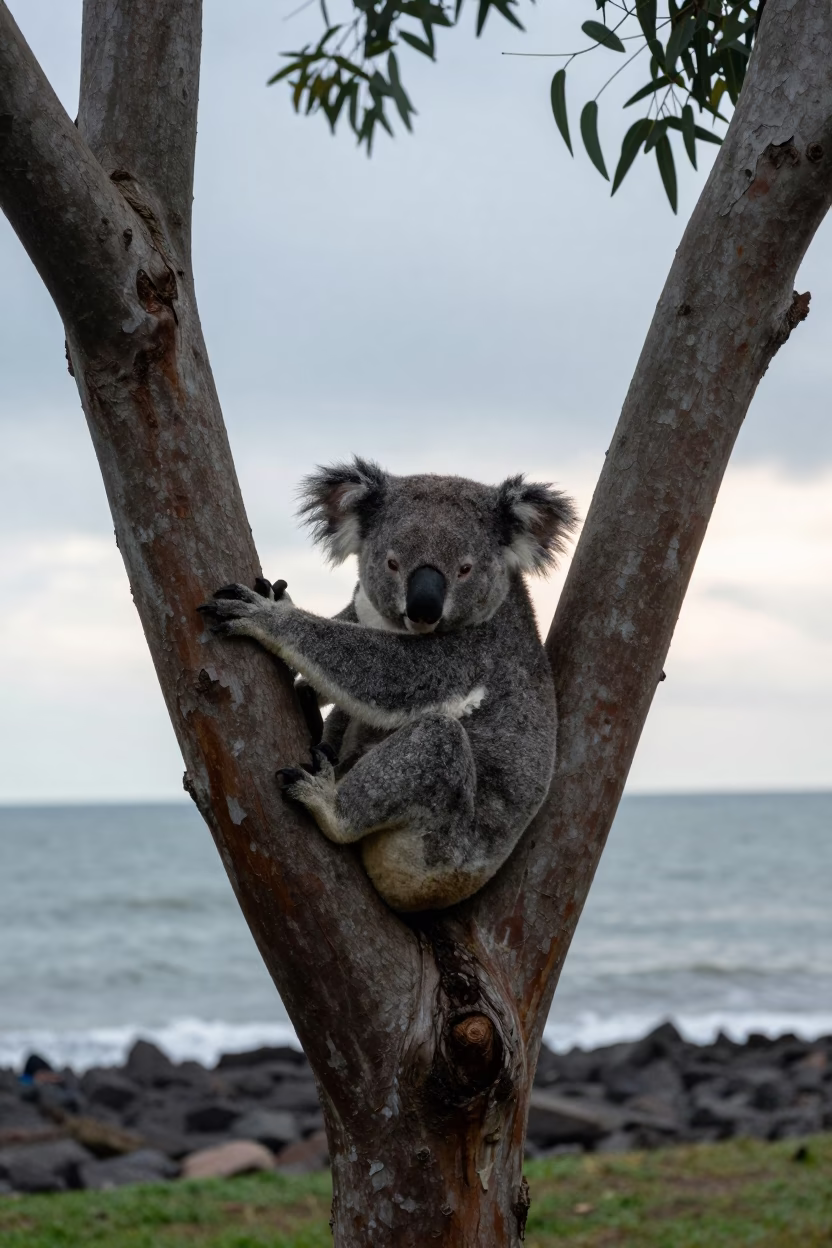 Koala Sleeping in Eucalyptus Near Tidal Inlet in beside a tidal inlet near Guayaquil