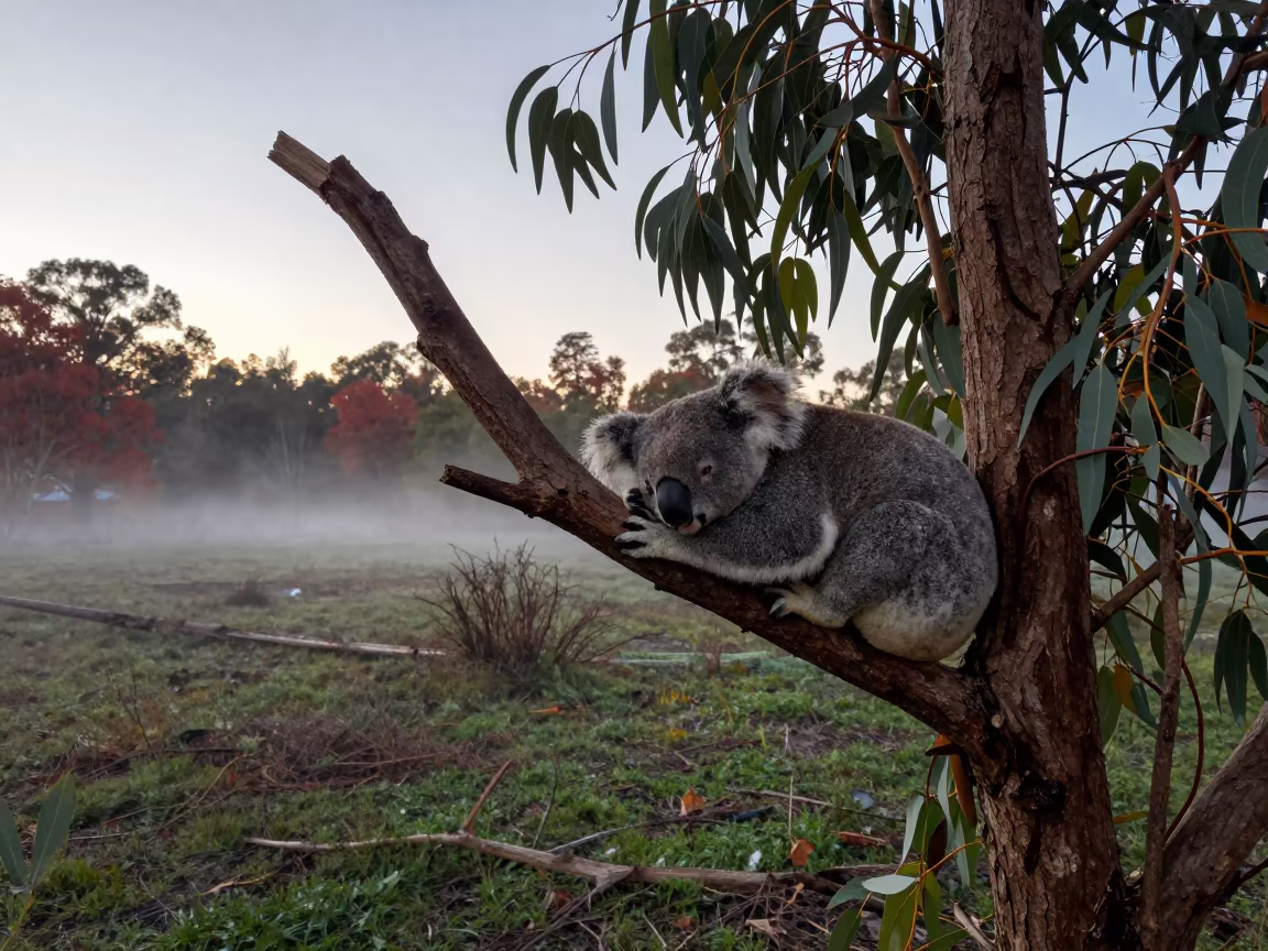 Koala Sleeping in Eucalyptus at Washington Dawn in in Washington