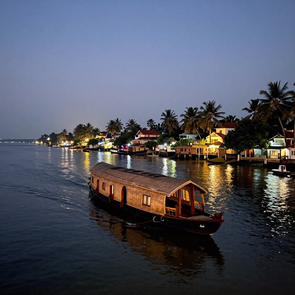 Kochi Backwater Evening Scene with Traditional Houseboat and Local Fishermen in in Kochi, India