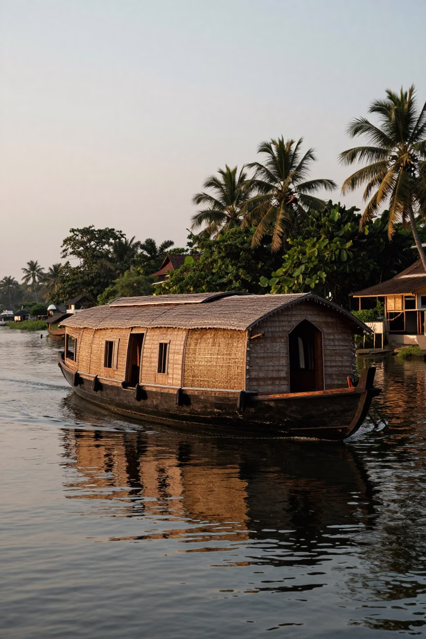 Kochi Backwater Evening Scene with Traditional Houseboat and Straw Hat in in Kochi, India