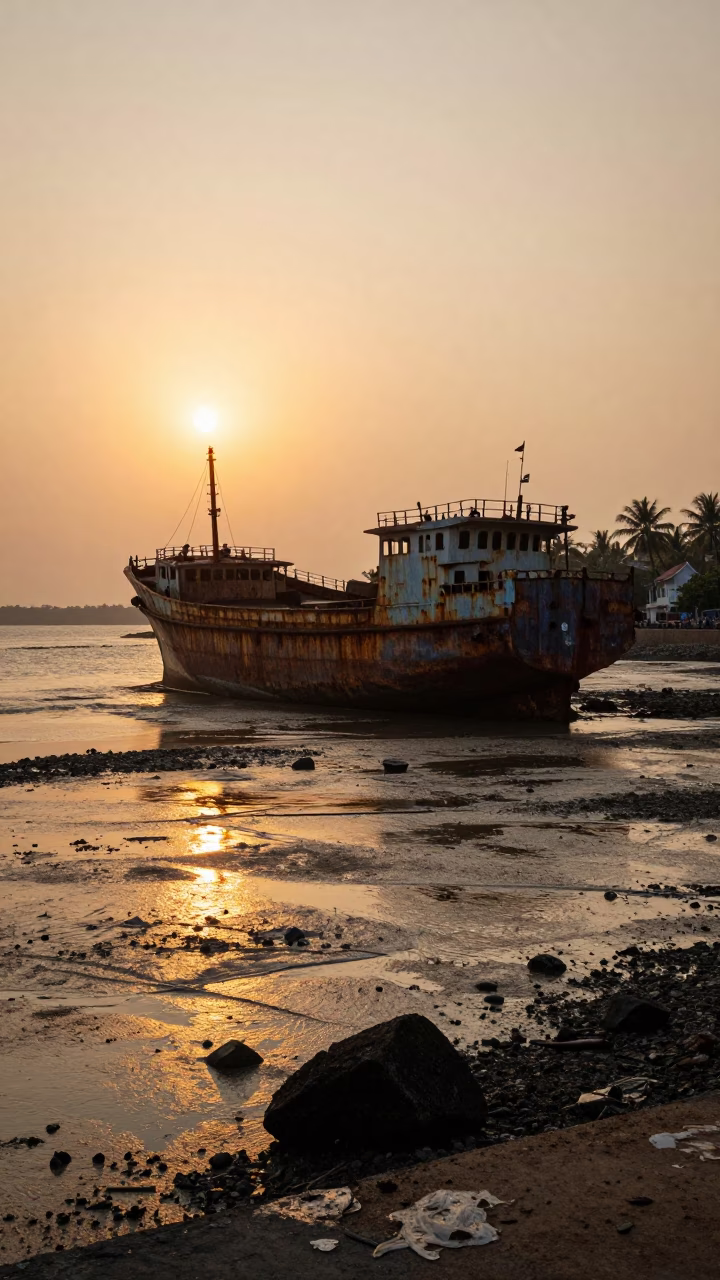 Kochi Backwater Golden Hour Rusting Ship Beached on Tidal Flat Street Scene in in Kochi, India
