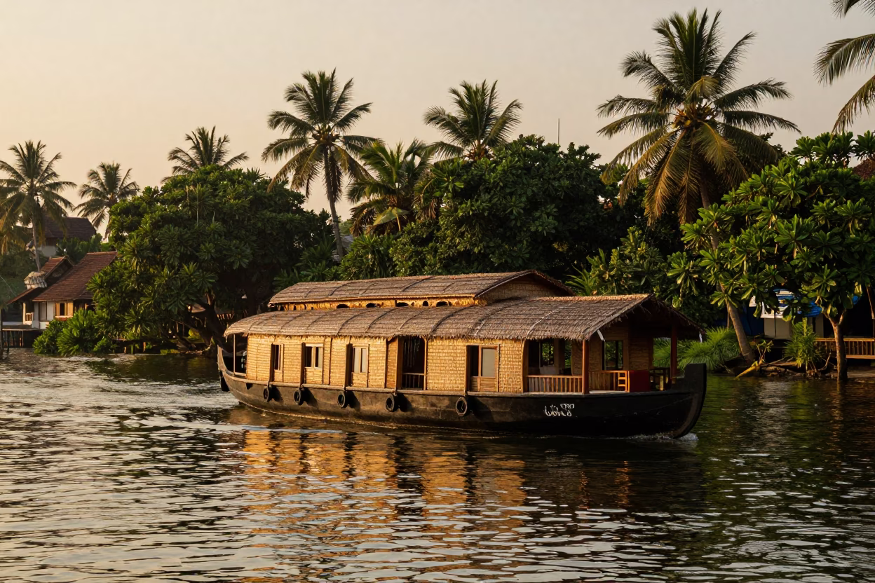 Kochi Backwater Houseboat at Golden Hour with Traditional Kerala Architecture and Lush Vegetation in in Kochi, India