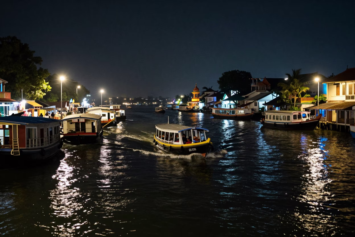 Kochi Backwater Night Scene With Water Taxi Zigzagging Between Canal Houseboats in in Kochi, India