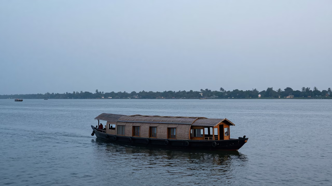 Kochi Backwaters at Blue Hour with Houseboats and Fishing Nets in in Kochi, India