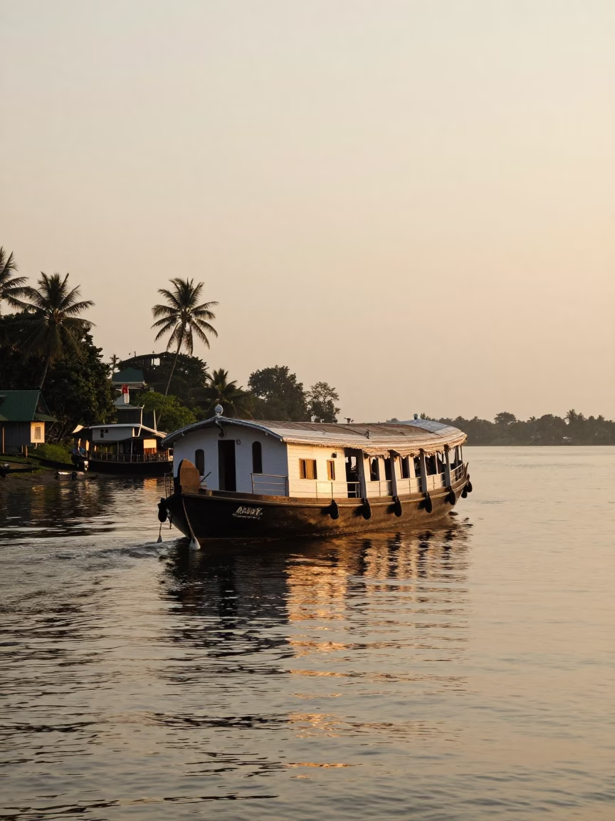 Kochi Backwaters at Golden Hour with Steamboat and Traditional Houseboat in in Kochi, India