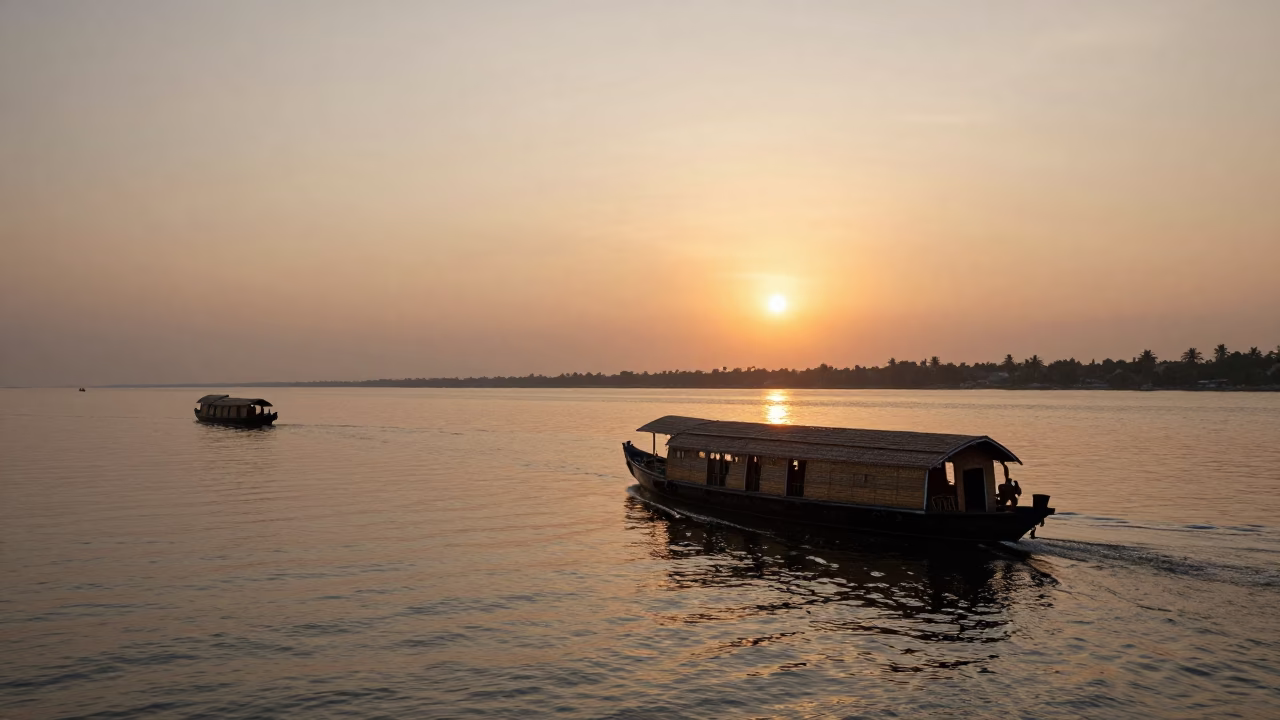 Kochi Backwaters at Sunset with Traditional Houseboat and Fishing Nets in in Kochi, India