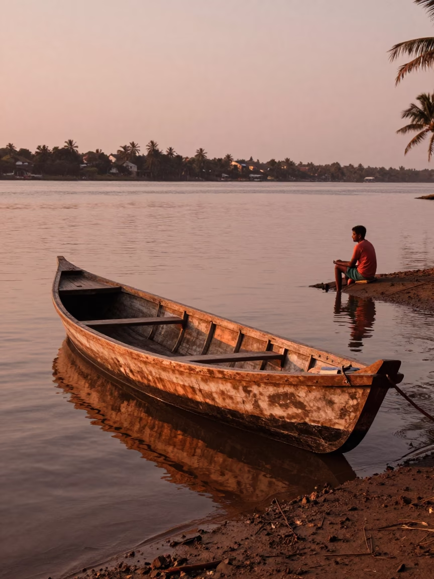 Kochi Backwaters Copper Dusk Fishing Rowboat and Local Life Scene in in Kochi, India
