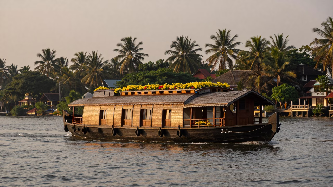 Kochi Backwaters Evening Houseboat Garden Flower Garden Roof Waterway in in Kochi, India