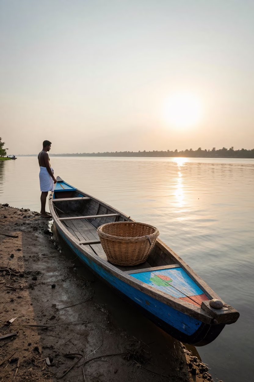 Kochi Backwaters Sunrise with Wicker Basket and Painted Canoe in in Kochi, India