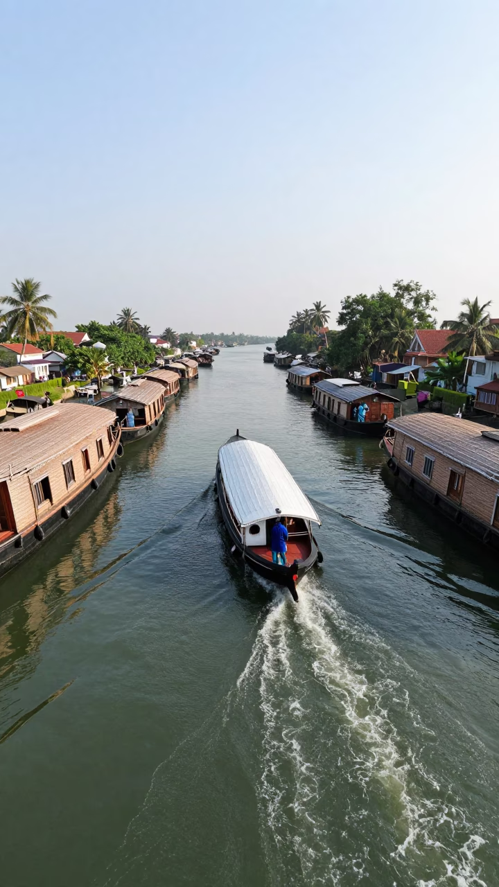 Kochi Backwaters Water Taxi Navigating Between Canal Houseboats in Late Afternoon Light in in Kochi, India