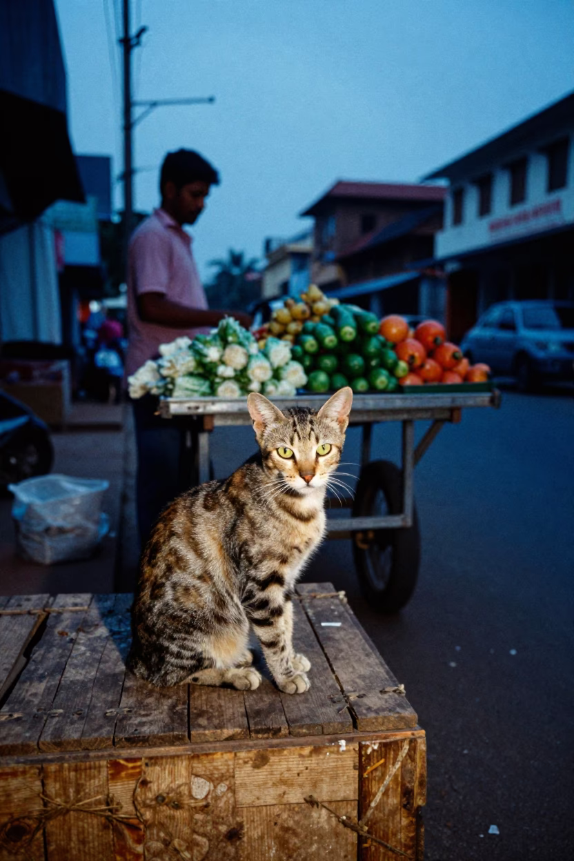 Kochi Blue Hour Street Scene with Tabby Cat and Local Vendor Cart in in Kochi, India