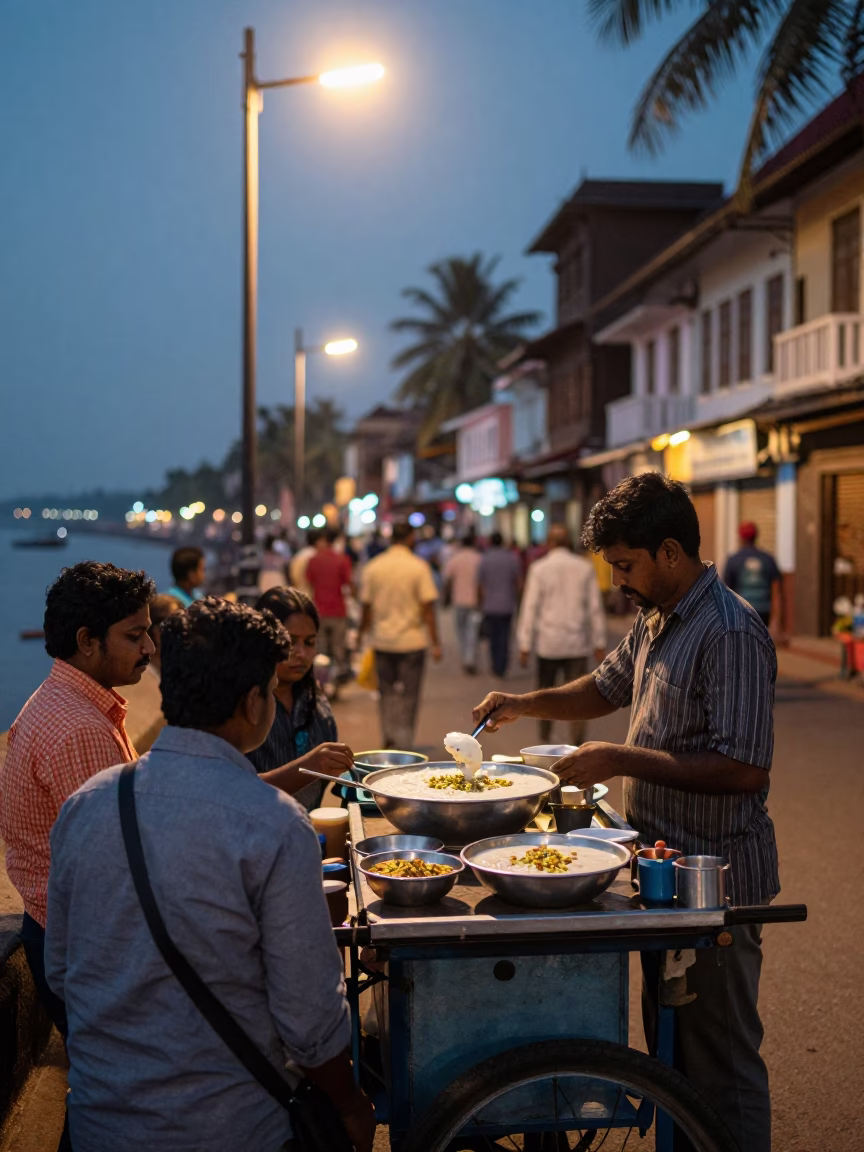 Kochi City Lights Evening Street Scene with Food Stall and Urban Infrastructure in in Kochi, India