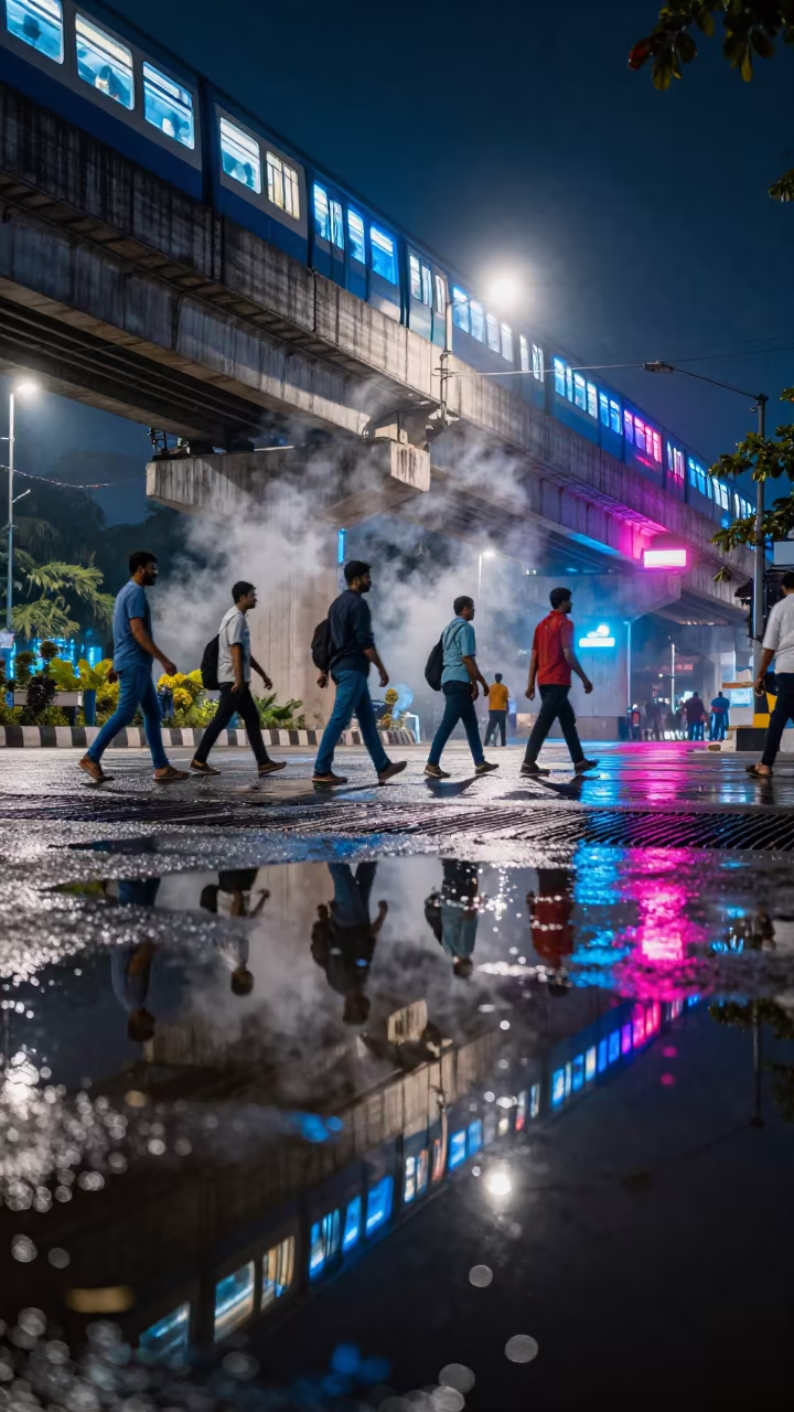 Kochi Commuter Puddle Reflection Neon Night in under an elevated train line in Kochi