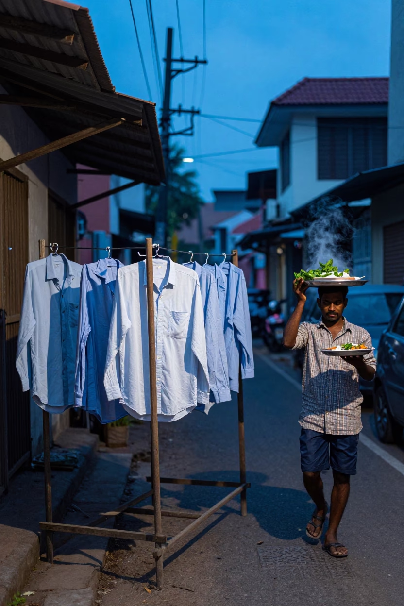 Kochi Evening Blue Hour Street Scene with Drying Rack and Local Life in in Kochi, India