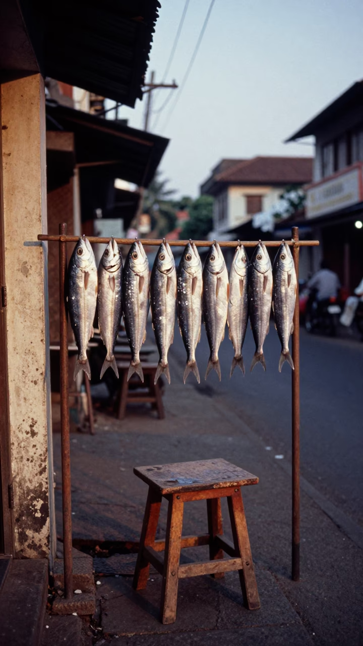 Kochi Evening Street Scene with Drying Rack and Stool Near Backwater in in Kochi, India