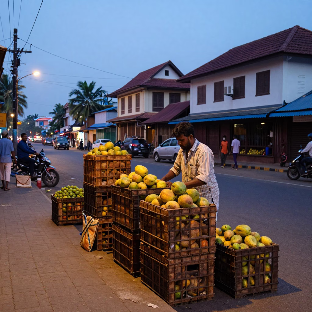 Kochi Evening Street Scene with Fruit Crates and Local Market Activity in in Kochi, India