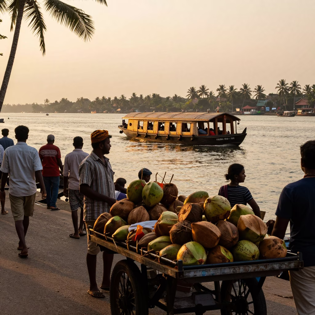Kochi Evening Street Scene with Houseboat and Traditional Indian Market Elements in in Kochi, India