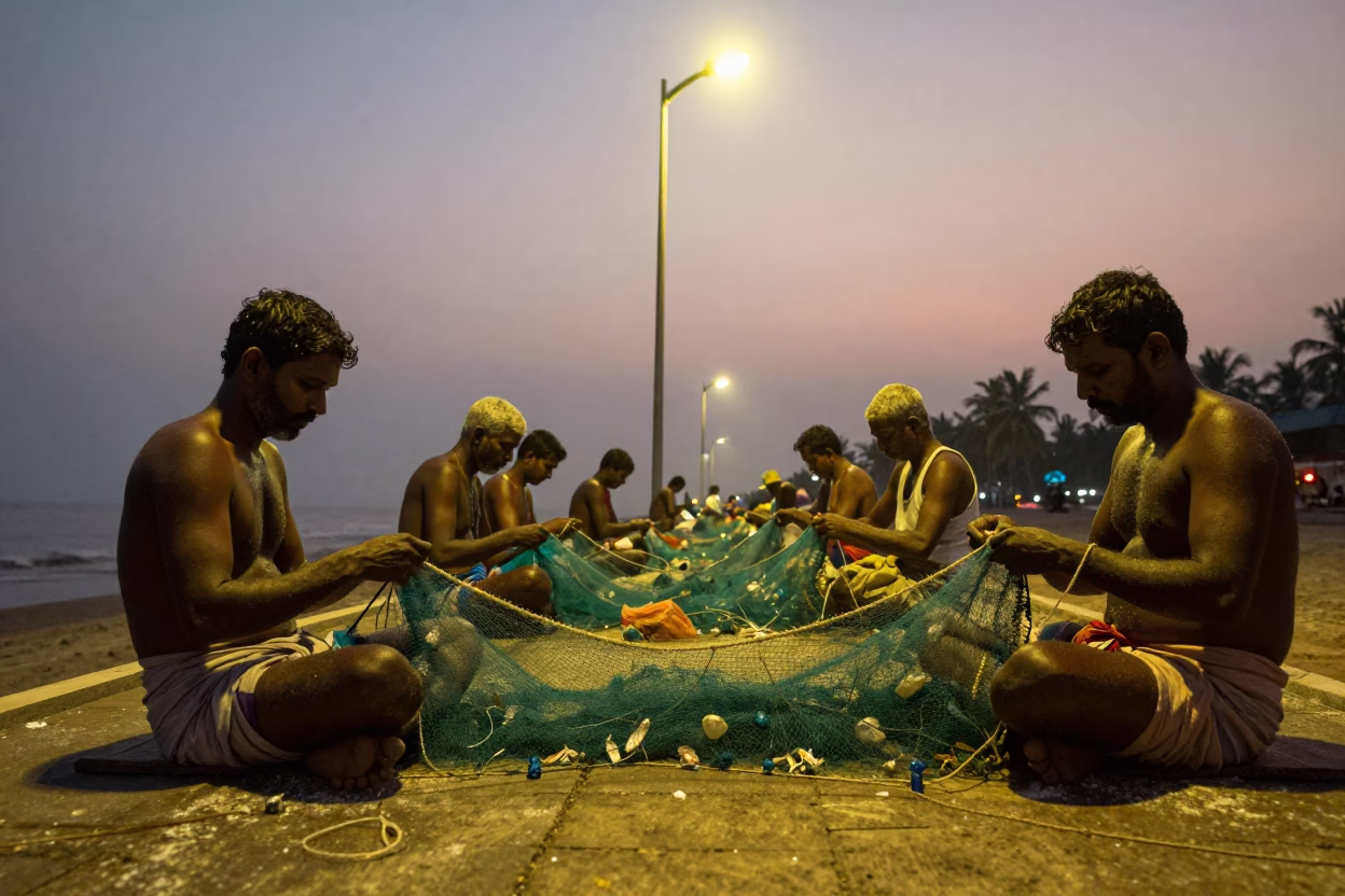 Kochi Fishermen Mending Nets Under Pre-Dawn Streetlights in Kerala India in in Kochi, India