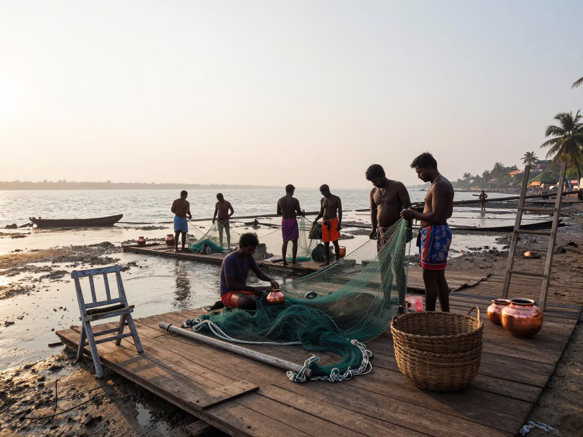 Kochi Fishermen Mending Nets with Copper Pots and Ladders at Dawn in in Kochi, India