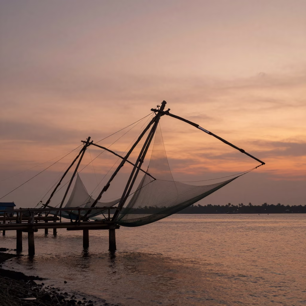 Kochi Fishing Nets at Copper-toned Light Before Dusk in in Kochi, India