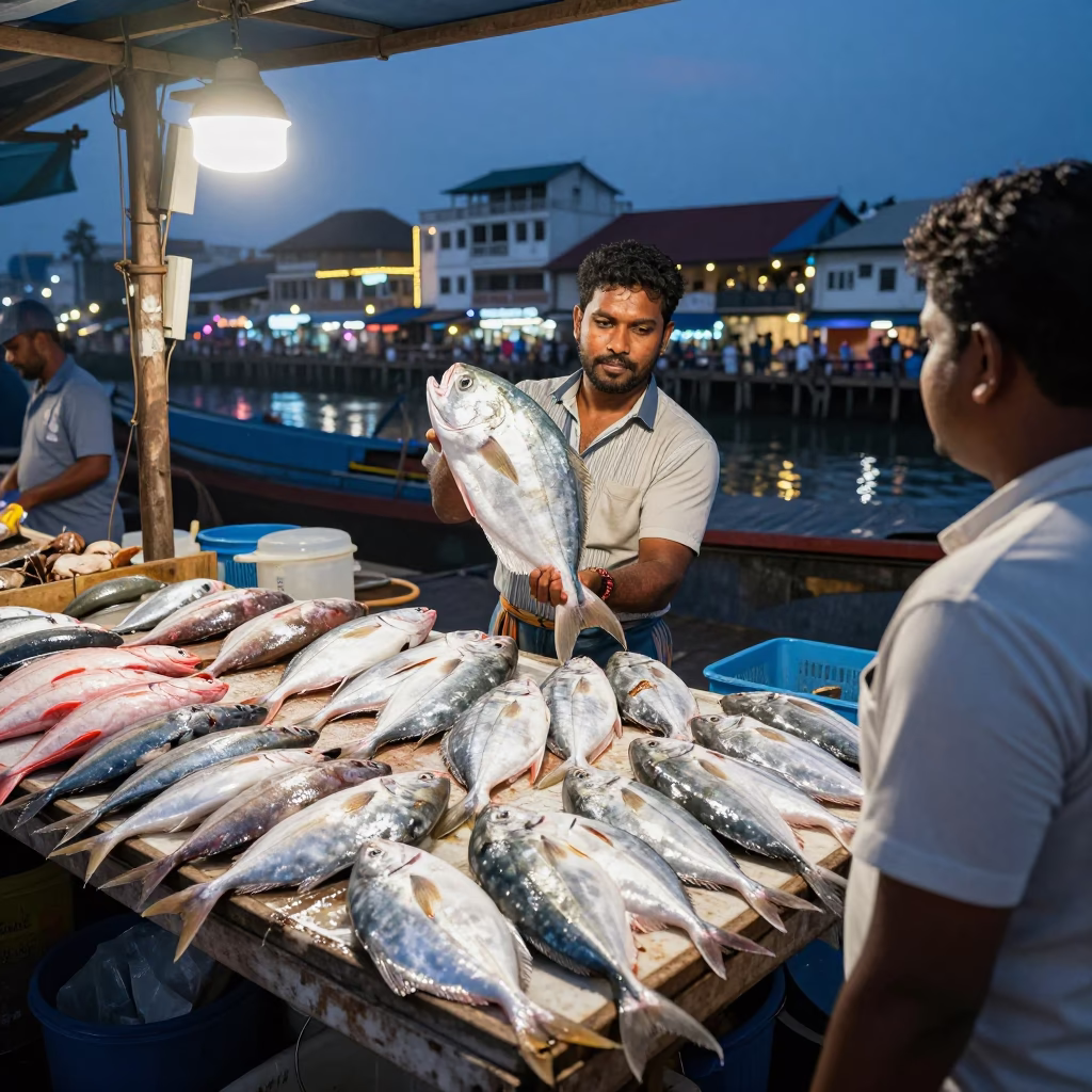 Kochi Fishmonger Harbor Market Evening Scene with Seafood Display in in Kochi, India