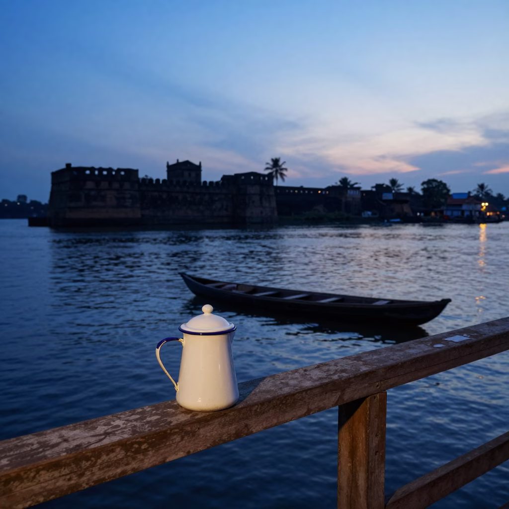 Kochi Fort Backwater Twilight Scene with Enamel Pitcher and Seashells in India in in Kochi, India
